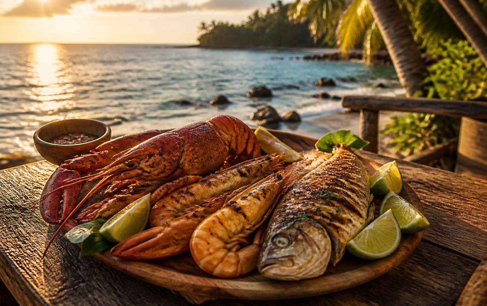 Marisco fresco grelhado servido à beira-mar em Guadalupe, São Tomé